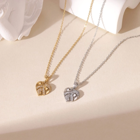 Stainless Steel Monstera Leaf Heart Pendant Necklace Minimalist Gold Silver Rhinestone Necklace For Women Commuter Jewelry