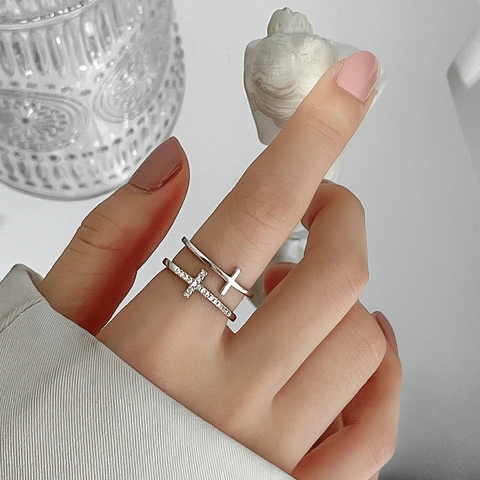 Korean Style Double Layer Cross Open Ring For Women Copper Rhinestone Minimalist Geometric Adjustable Finger Ring Jewelry