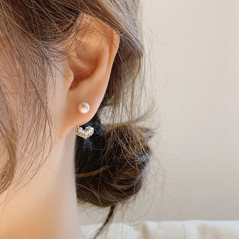 Pendientes de Botón Corazón Elegantes Con Poste Plata de Ley 925 Desmontables Chapado en Oro Strass Colgante Trasero