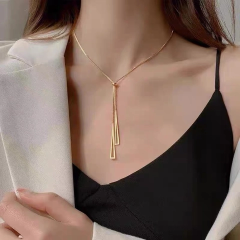 Titanium Steel Geometric Triangle Pendant Necklace Adjustable Y-Shape Tassel Hollow Out Box Chain Fashion Jewelry For Women