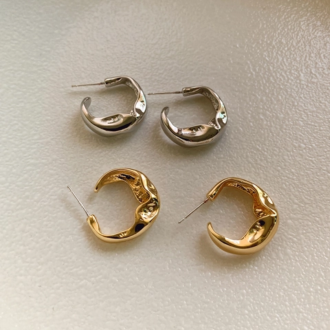 Irregular C-Shaped Hoop Stud Earrings With 925 Sterling Silver Earring Post Lava Texture Metal Minimalist Jewelry For Women