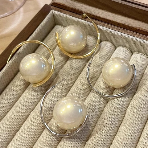 Französisch Vintage C-Förmige Große Künstliche Perlen Ohrstecker Mit 925 Sterlingsilber Ohrstecker-Stift Gold Silber Damen Schmuck
