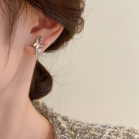 Minimalist Four Pointed Star Stud Earrings For Women 925 Sterling Silver Earring Post Sparkly Rhinestone Star Jewelry Gift