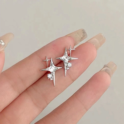 Minimalist Four Pointed Star Stud Earrings For Women 925 Sterling Silver Earring Post Sparkly Rhinestone Star Jewelry Gift