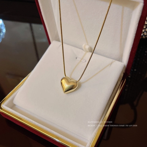 Minimalist Polished 3D Heart Pendant Necklace Alloy Snake Chain For Women Korean Style Fashion Jewelry Gift Gold Silver