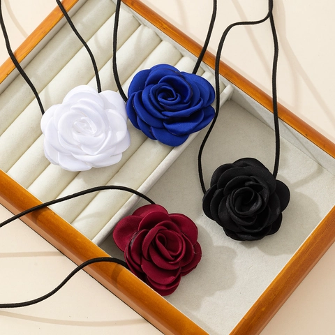 Elegant Satin Rose Flower Choker Necklace For Women Long Ribbon Cord DIY Floral Neck Tie Vintage Fabric Jewelry Accessories