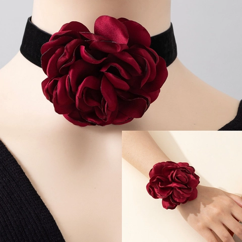 Vintage Large Satin Flower Choker Necklace Elegant Velvet Ribbon Rose Floral Necklace And Bracelet Set For Women Party