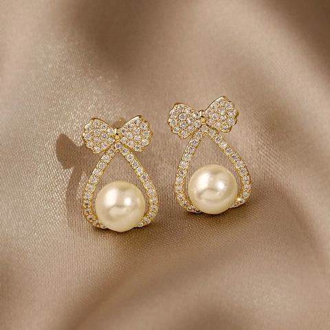 Lussuosi Orecchini a Fiocco e Cuore Con Perla Artificial e Perno in Argento Sterling 925 Placcati Oro Lega Zirconia Donna Gioielli