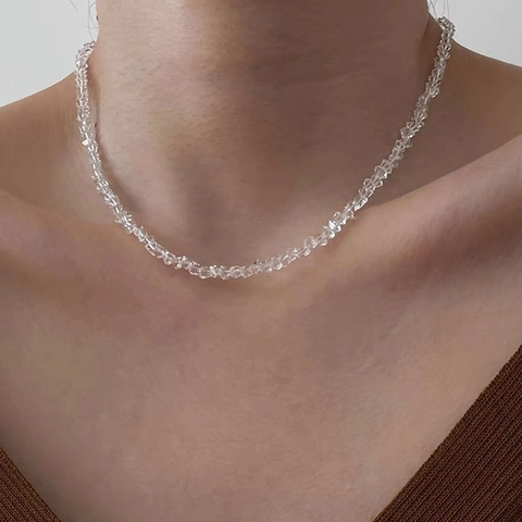 Faceted Glass Crystal Necklace For Women Minimalist Beaded Choker Korean Style Geometric Clavicle Chain Alloy Jewelry Gift