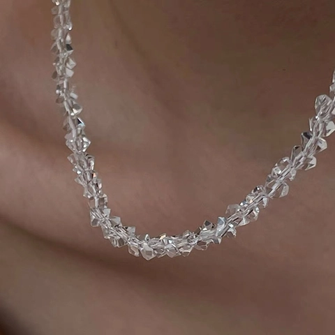 Faceted Glass Crystal Necklace For Women Minimalist Beaded Choker Korean Style Geometric Clavicle Chain Alloy Jewelry Gift