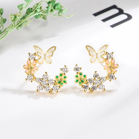 Luxus Schmetterling Blume Halbmond Ohrstecker Mit 925 Sterling Silber Stift Legierung Zirkonia Emaille Schmuck Für Damen