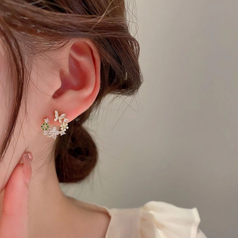 Luxus Schmetterling Blume Halbmond Ohrstecker Mit 925 Sterling Silber Stift Legierung Zirkonia Emaille Schmuck Für Damen