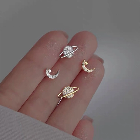 Asymmetrische Planeten Mond Sterne Ohrstecker Legierung Zirkonia Mit 925 Sterlingsilber Ohrstecker-Stift Damen Schmuck