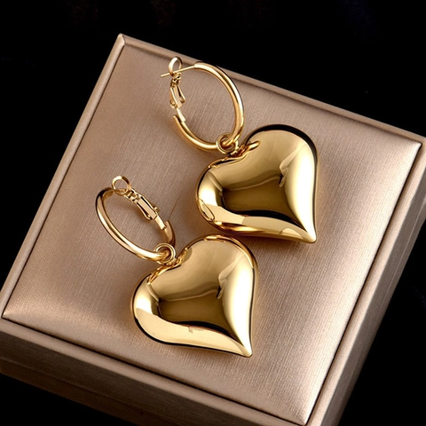 Orecchini a Cerchio con Cuore d'Oro Esagerato Stile Europeo Americano Orecchini a Goccia Cuore 3D Gioielli in Metallo Lucido per Donna