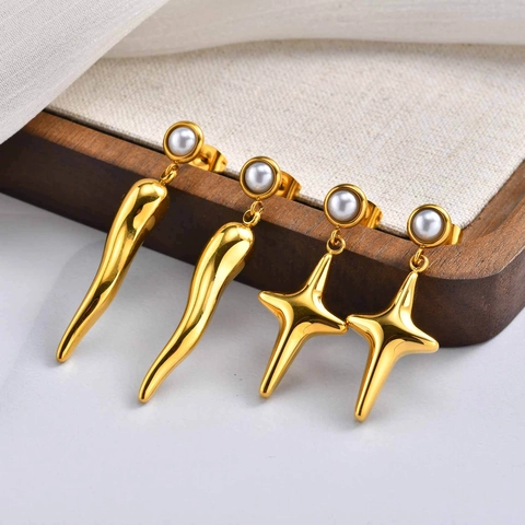 Pendientes Colgantes de Acero Inoxidable Chapado en Oro con Perla Artificial Cuerno Estrella para Mujer Estilo Ins Europeo