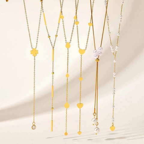 Stainless Steel Y Necklace For Women 18K Gold Plated Faux Artificial Pearl Flower Heart Tassel Long Sweater Chain Fashion Jewelry