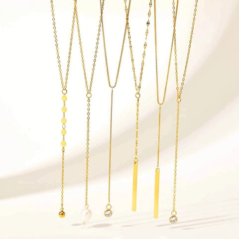 Stainless Steel Y Necklace For Women 18K Gold Plated Faux Artificial Pearl Flower Heart Tassel Long Sweater Chain Fashion Jewelry