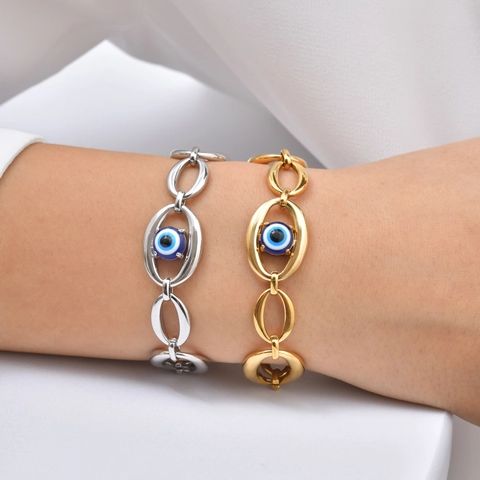Mode Edelstahl Grobe Ovale Gliederkette Armband Für Damen Gold Silber Bicolor Böser Blick Charme Verstellbarer Schmuck