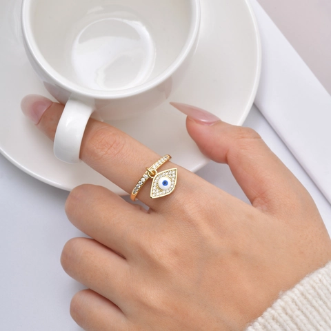 Anillo de Colgante de Ojo Turco de Acero Inoxidable Chapado en Oro Con Strass Anillo Ajustable Joyería de Talismán Mujer