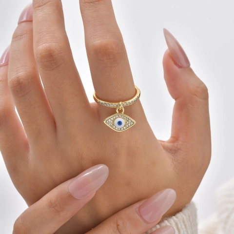 Anillo de Colgante de Ojo Turco de Acero Inoxidable Chapado en Oro Con Strass Anillo Ajustable Joyería de Talismán Mujer