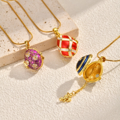 Vintage Kupfer Osterei Medaillon Anhänger Halskette Faberge Stil Emaille Strass Öffenbarer Schmuck Für Damen Geschenk