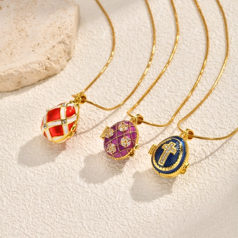 Collier Pendentif Vintage Cuivre Zircone Email Oeuf Médaillon Chaîne Or Motif Croix Bijoux Pâques Cadeau Femme