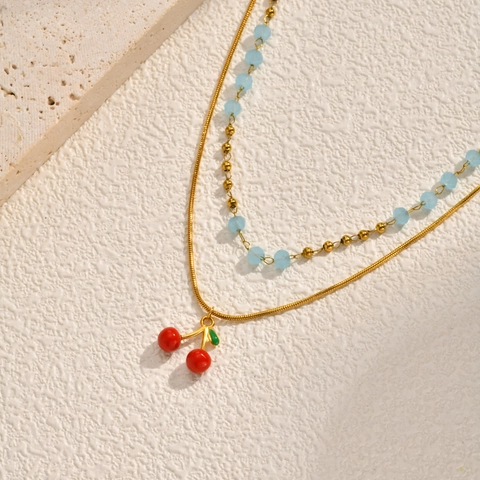 Fashion Stainless Steel Double Layer Cherry Pendant Necklace For Women Light Blue Beads Gold Plated Snake Chain Jewelry