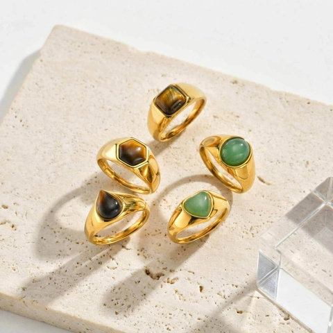 Vintage Stainless Steel Signet Ring Gold Plated Natural Tiger Eye Green Aventurine Stone Geometric Heart Ring For Women