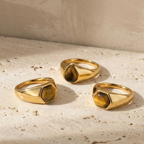 Vintage Roestvrij Staal Tijgeroog Zegelring Voor Dames Heren Waterdruppel Zeshoek Rechthoek Natuursteen Goud Ring