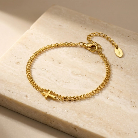 Ins Style Stainless Steel Double Layer Cross Bracelet For Women Gold Plated Minimalist Religious Jewelry Adjustable Bracelet