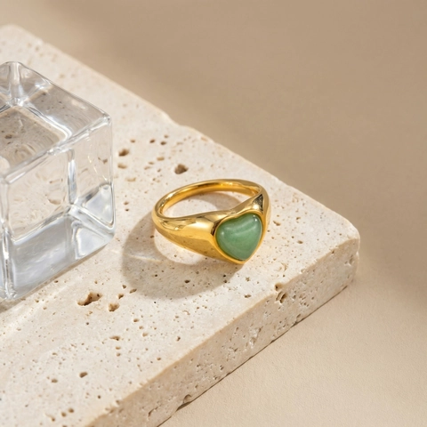 French Vintage Stainless Steel Gold Plated Ring Women Green Aventurine Stone Oval Heart Geometric Aesthetic Ring Jewelry Gift