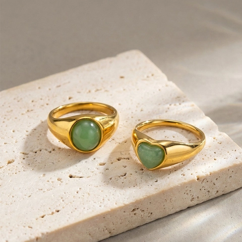 French Vintage Stainless Steel Gold Plated Ring Women Green Aventurine Stone Oval Heart Geometric Aesthetic Ring Jewelry Gift