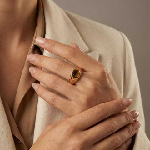 Vintage Roestvrij Staal Tijgeroog Zegelring Voor Dames Heren Waterdruppel Zeshoek Rechthoek Natuursteen Goud Ring