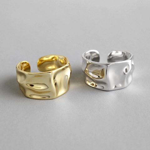 Irregular Surface Wide Open Ring 925 Sterling Silver Bumpy Hammered Texture Minimalist Adjustable Jewelry Accessories