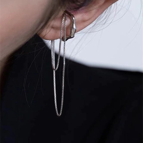 Unregelmäßige Metall Doppel C-Form Ohrklemme Mit Quastenkette Für Damen Minimalistische Legierung Ohrring Ring Schmuck