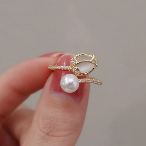 Tulip Open Ring For Women Alloy Artificial Pearl Rhinestone Adjustable Floral Flower Design Minimalist Finger Ring Jewelry Gift