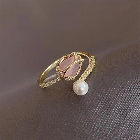 Tulip Open Ring For Women Alloy Artificial Pearl Rhinestone Adjustable Floral Flower Design Minimalist Finger Ring Jewelry Gift