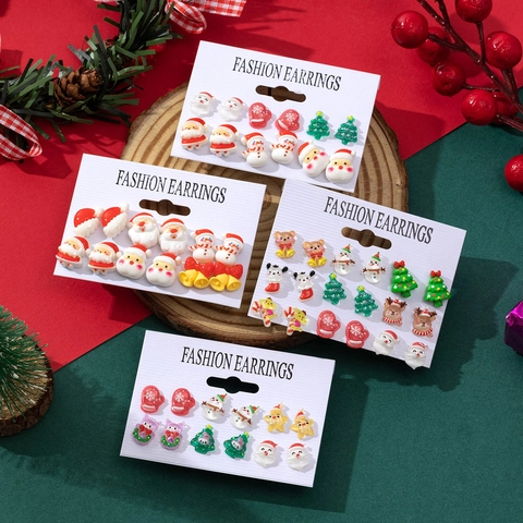 Christmas Stud Earrings Set Cartoon Santa Claus Snowman Christmas Tree Resin Ear Jewelry For Women Girls Festival Party