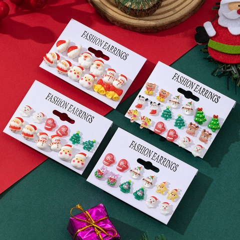 Christmas Stud Earrings Set Cartoon Santa Claus Snowman Christmas Tree Resin Ear Jewelry For Women Girls Festival Party