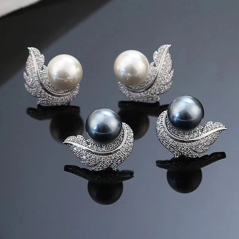 Feather Artificial Pearl Stud Earrings With 925 Sterling Silver Post Inlaid Rhinestone French Vintage Elegant Jewelry For Women