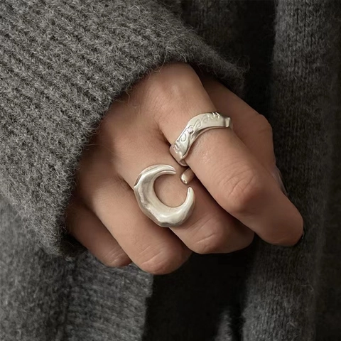 Minimalist 925 Sterling Silver Open Ring For Women Fashion Matte Moon Freedom Letter Geometric Adjustable Finger Ring Jewelry
