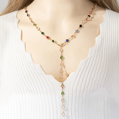 French Chic Long Tassel Y-Shape Necklace For Women Alloy Hollow Heart Rhinestone Lariat Necklace Fashion Party Jewelry