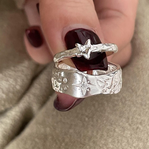925 Sterling Silver Ring Adjustable Open Finger Ring Irregular Hammered Star Eight Pointed Star Rhinestone Jewelry For Women