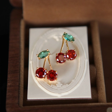 Süße Legierung Kirsche Ohrstecker Für Damen Mädchen Gold Überzogen Rot Grün Zirkonia Fruchtform Mode Schmuck Zubehör