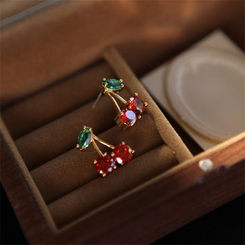 Süße Legierung Kirsche Ohrstecker Für Damen Mädchen Gold Überzogen Rot Grün Zirkonia Fruchtform Mode Schmuck Zubehör