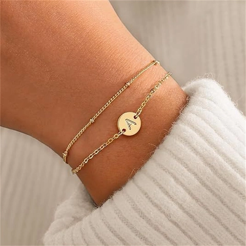 Stainless Steel Double Layer Initial Letter Bracelet For Women Round Pendant Gold Silver Personalized Jewelry Gift