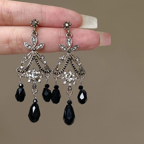 Luxus Legierung Kristall Quaste Ohrstecker Mit Strass-Verzierung Schwarz Silber Ohrringe Für Damen Retro Schmuck