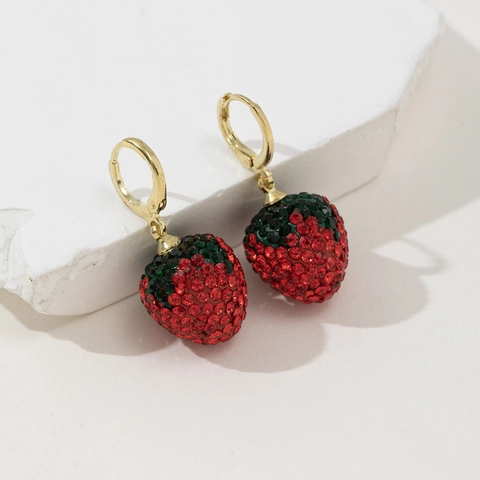 Sweet Rhinestone Red Strawberry Earring Necklace Set For Women Gold Metal Fruit Stud Hook Earrings Pendant Necklace Korean Style Jewelry