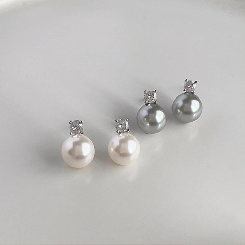 French Retro Faux Artificial Pearl Stud Earrings With Zirconia For Women Elegant Alloy Jewelry Silver Earring Post Wedding Party Gift