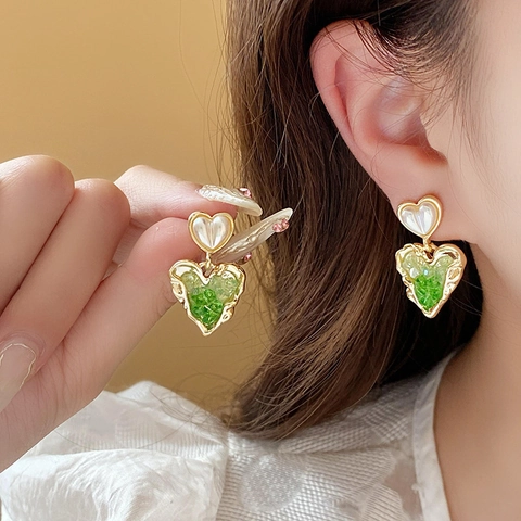 Fresh Sweet Green Artificial Crystal Stud Earrings With 925 Sterling Silver Earring Post For Women Elegant Delicate Flower Heart Bowknot Gold Color Fashion Jewelry Gift